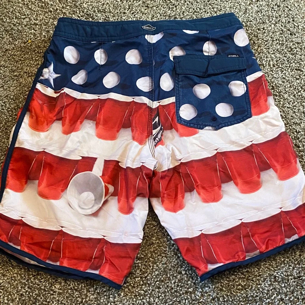 O'Neill Board‎ Shorts Mens Red White Blue 31 Solo Cup Flag Print Swim Trunks